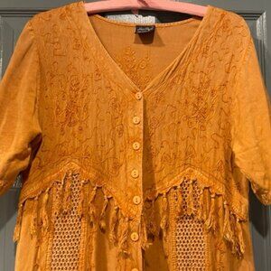 Her Style vintage boho dress, tan w fringe, embroidery, OS, exc. condition